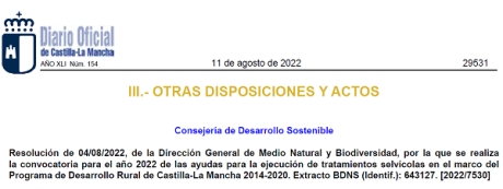 Publicada la Resolución de 04/08/2022, de la Dirección General de Medio Natural y Biodiversidad, por la que se realiza la convocatoria para el año 2022 de las ayudas para la ejecución de tratamientos selvícolas en el marco del programa de Desarrollo